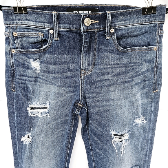 Express Wmns Skinny Ankle Mid-rise Stretch Ripped Raw-Hem Medium Wash Jeans Sz4R - Picture 4 of 12
